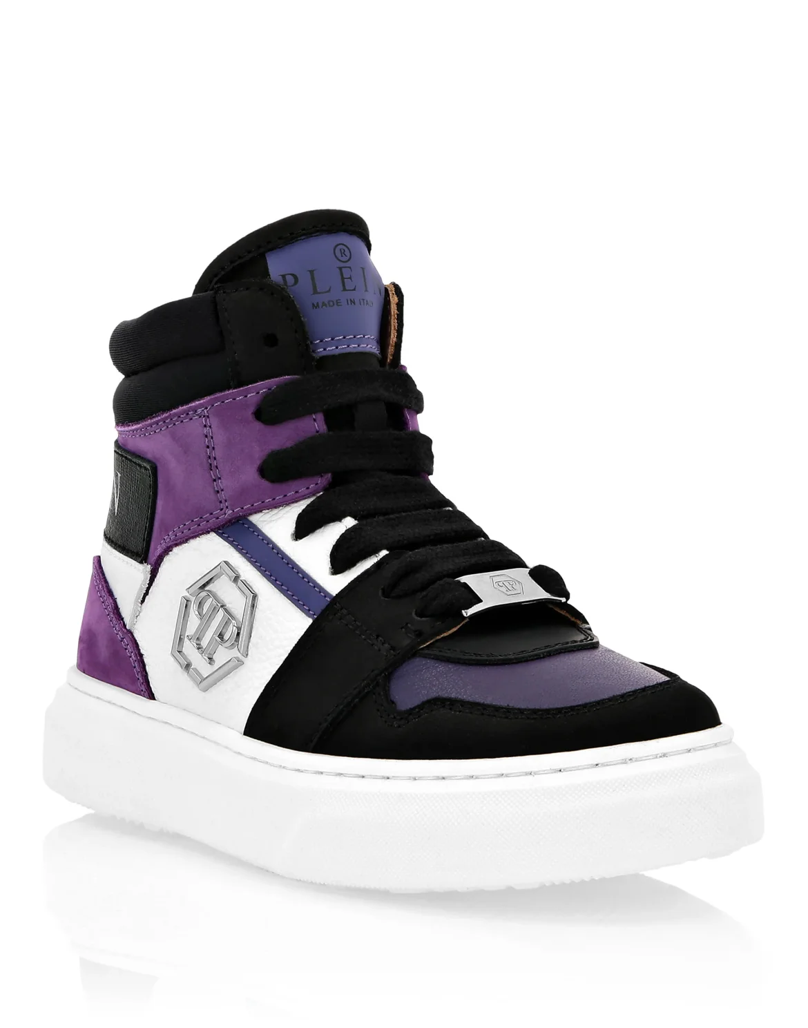 LEATHER HI-TOP SNEAKERS MIX MATERIALS HEXAGON AND PLEIN, цвет: Фиолетовый