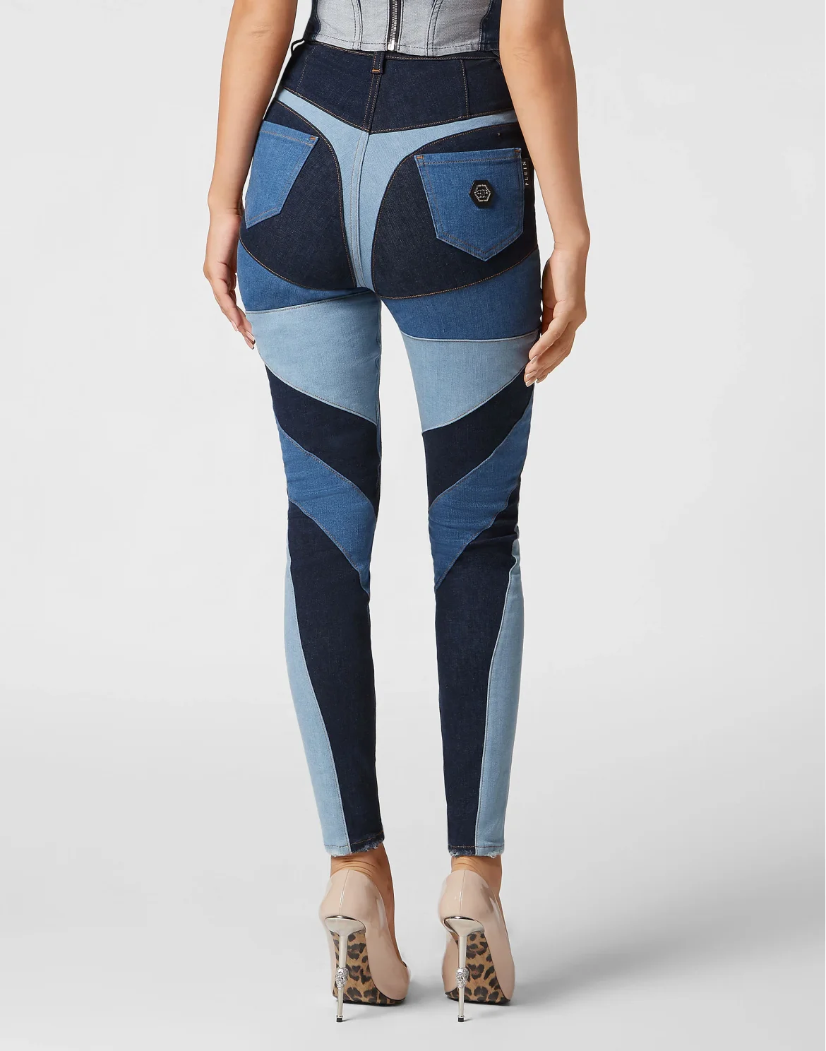 Denim Super High Waist Jeggings Patchwork, цвет: Синий