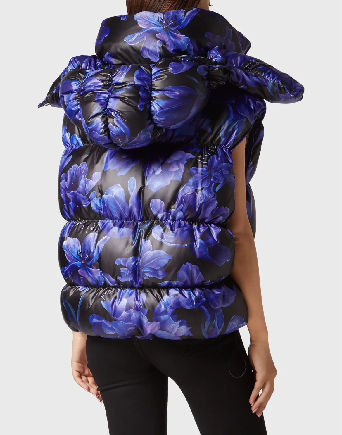 Nylon Down Jacket Vest Flowers, цвет: Черный