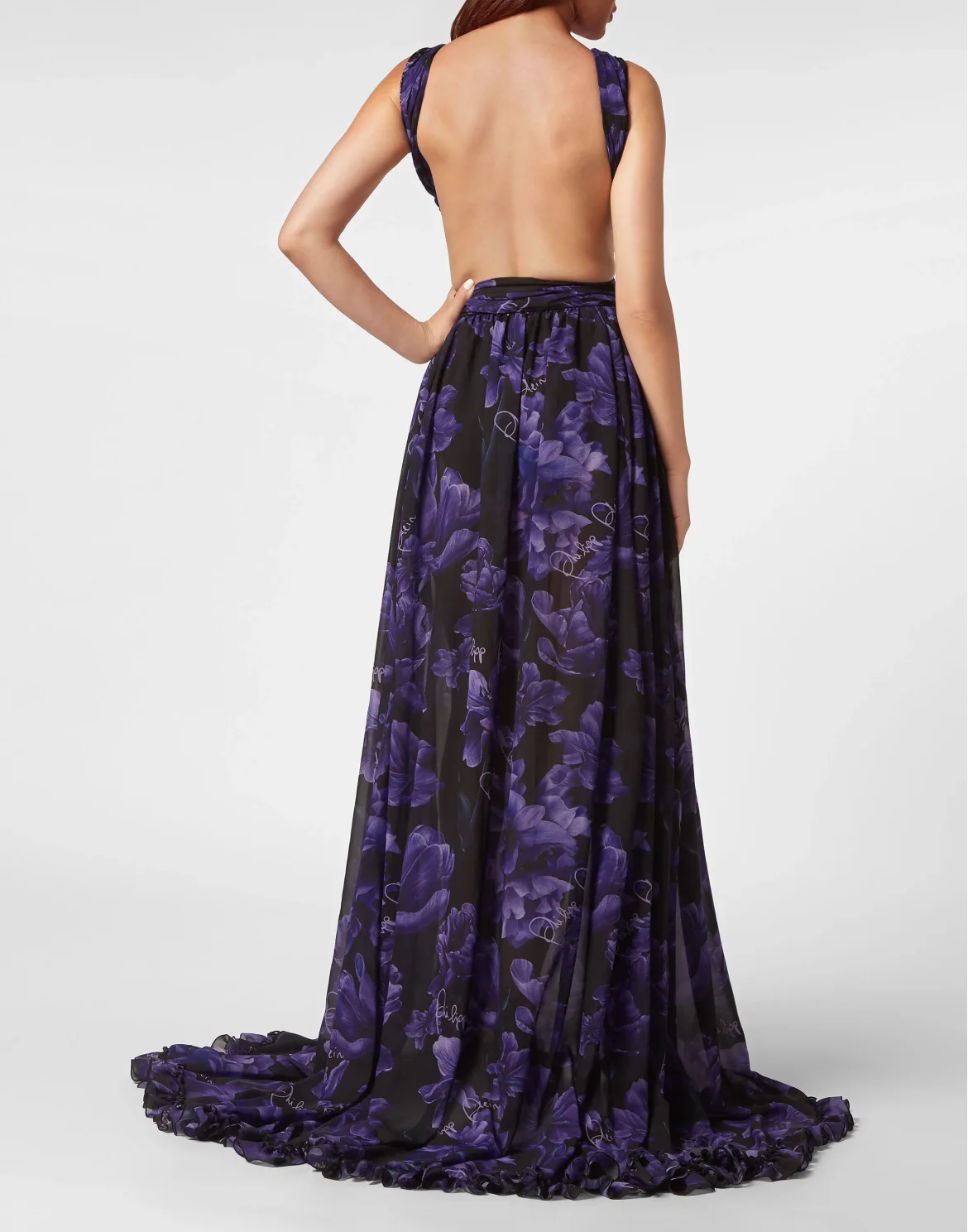 Chiffon Long Dress Flowers, цвет: Черный