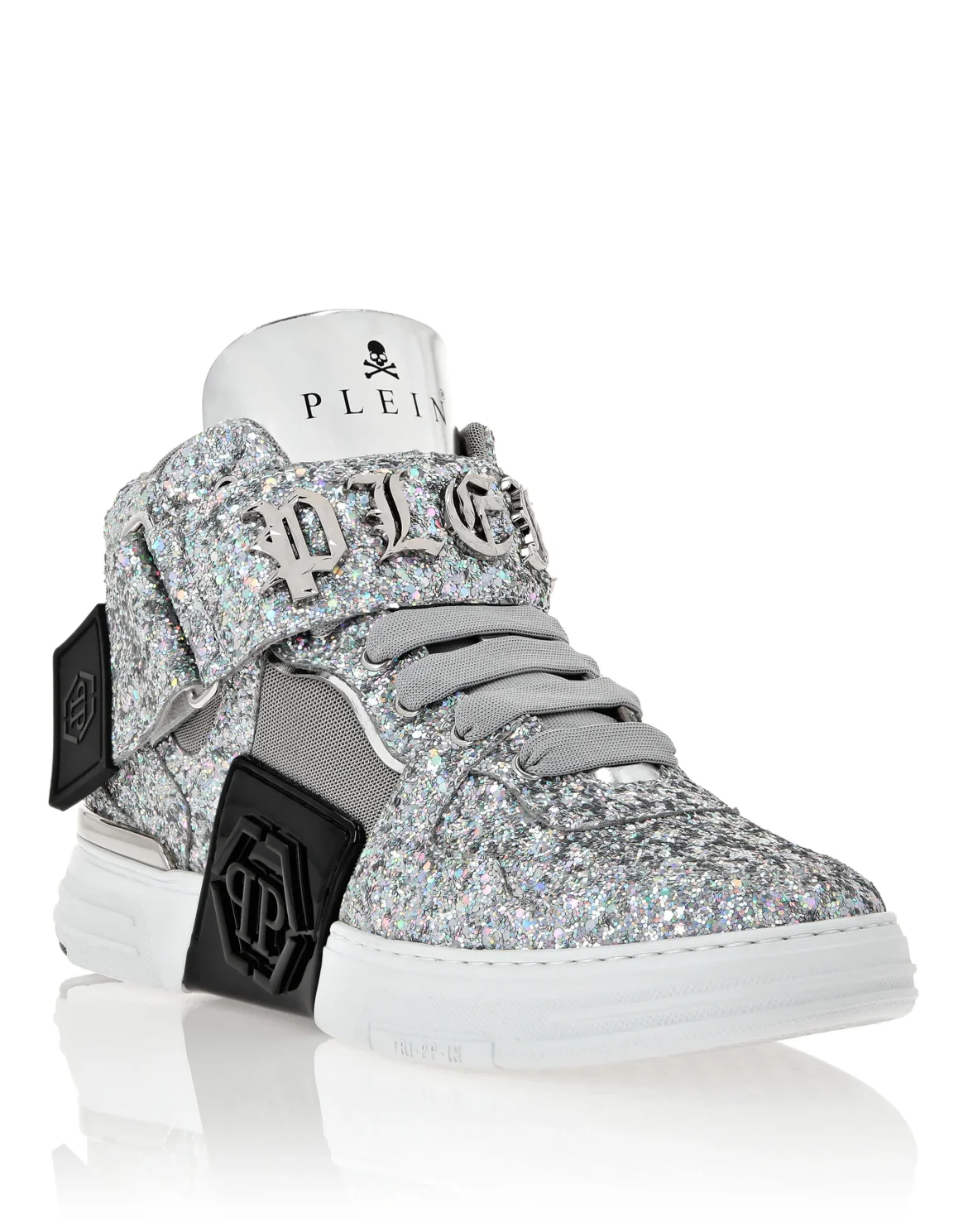 Patent Leather Mid-Top Sneakers with Glitter Gothic Plein, цвет: Серебристый