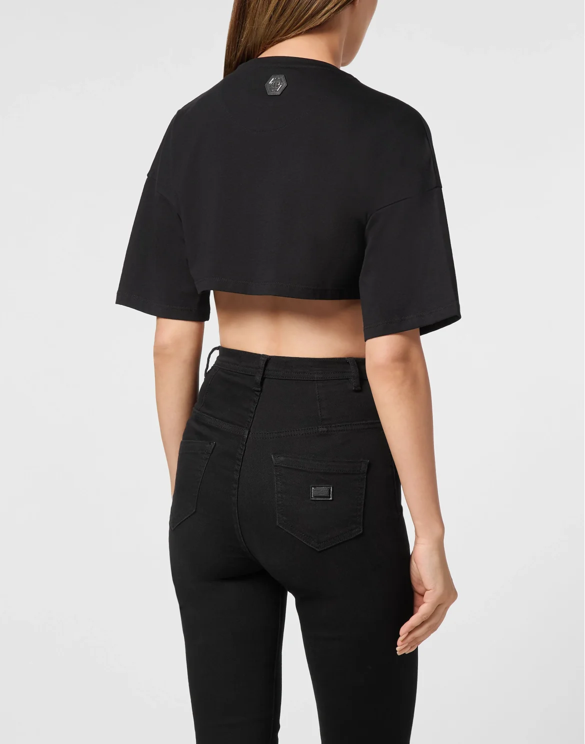 Cropped T-shirt Round Neck SS Strass, цвет: Черный