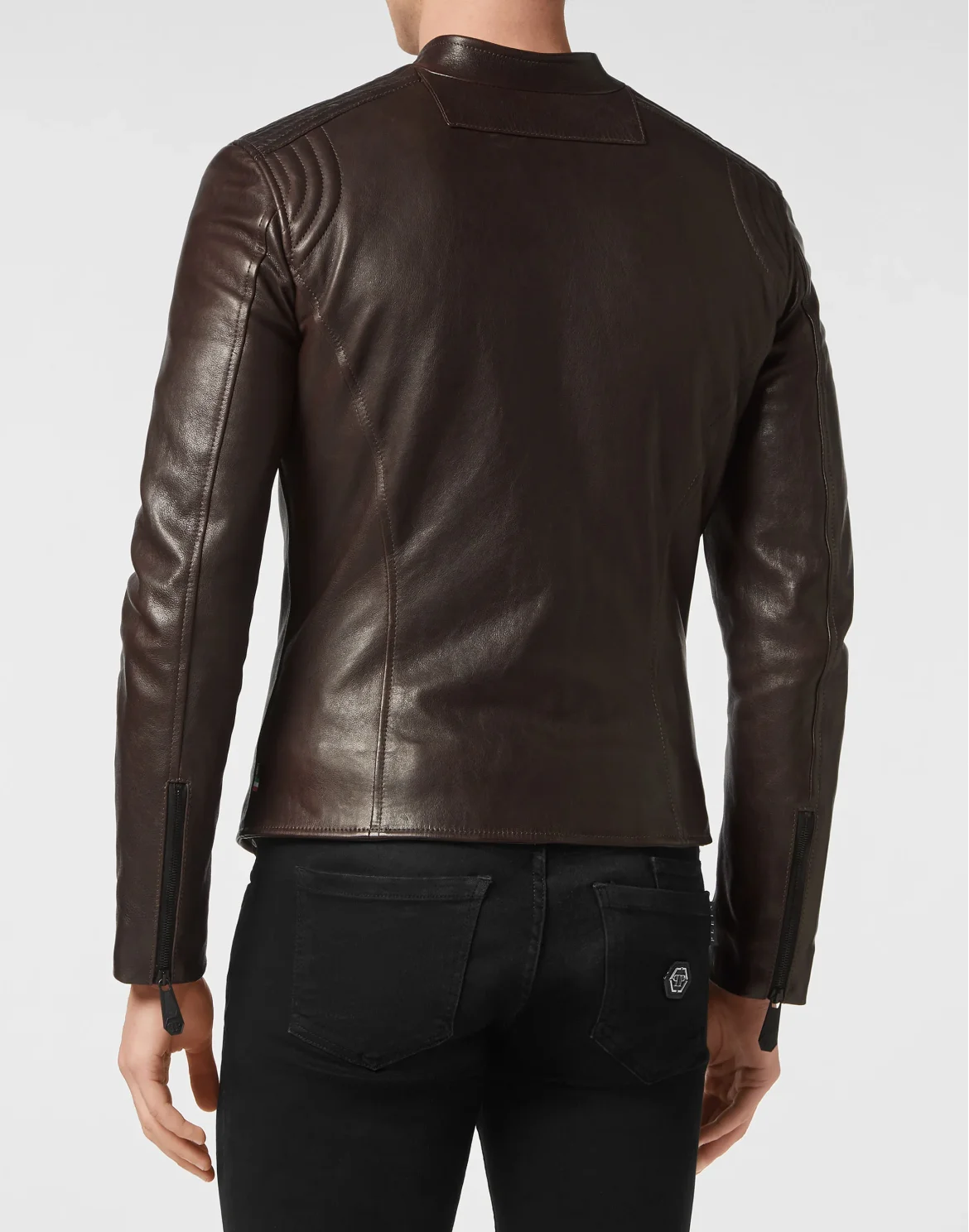 Padded Leather Biker Jacket, цвет: Коричневый