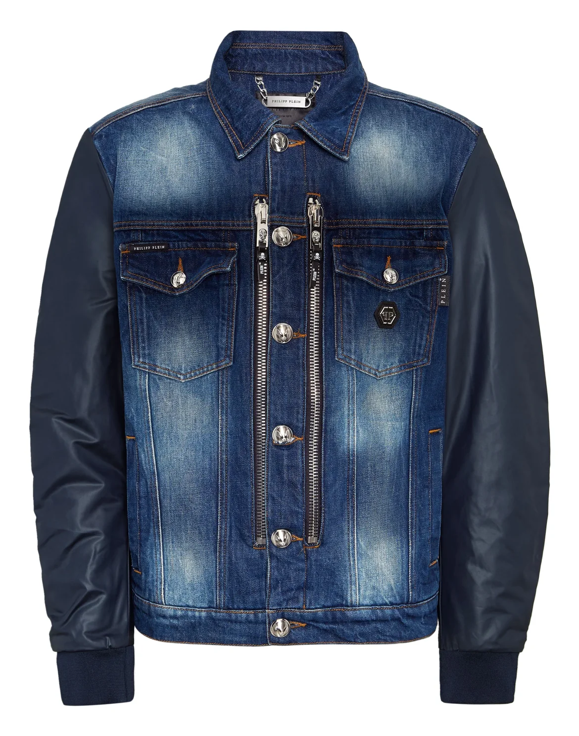 Denim Zipped Jacket With Nylon Sleeves Camouflage, цвет: Синий