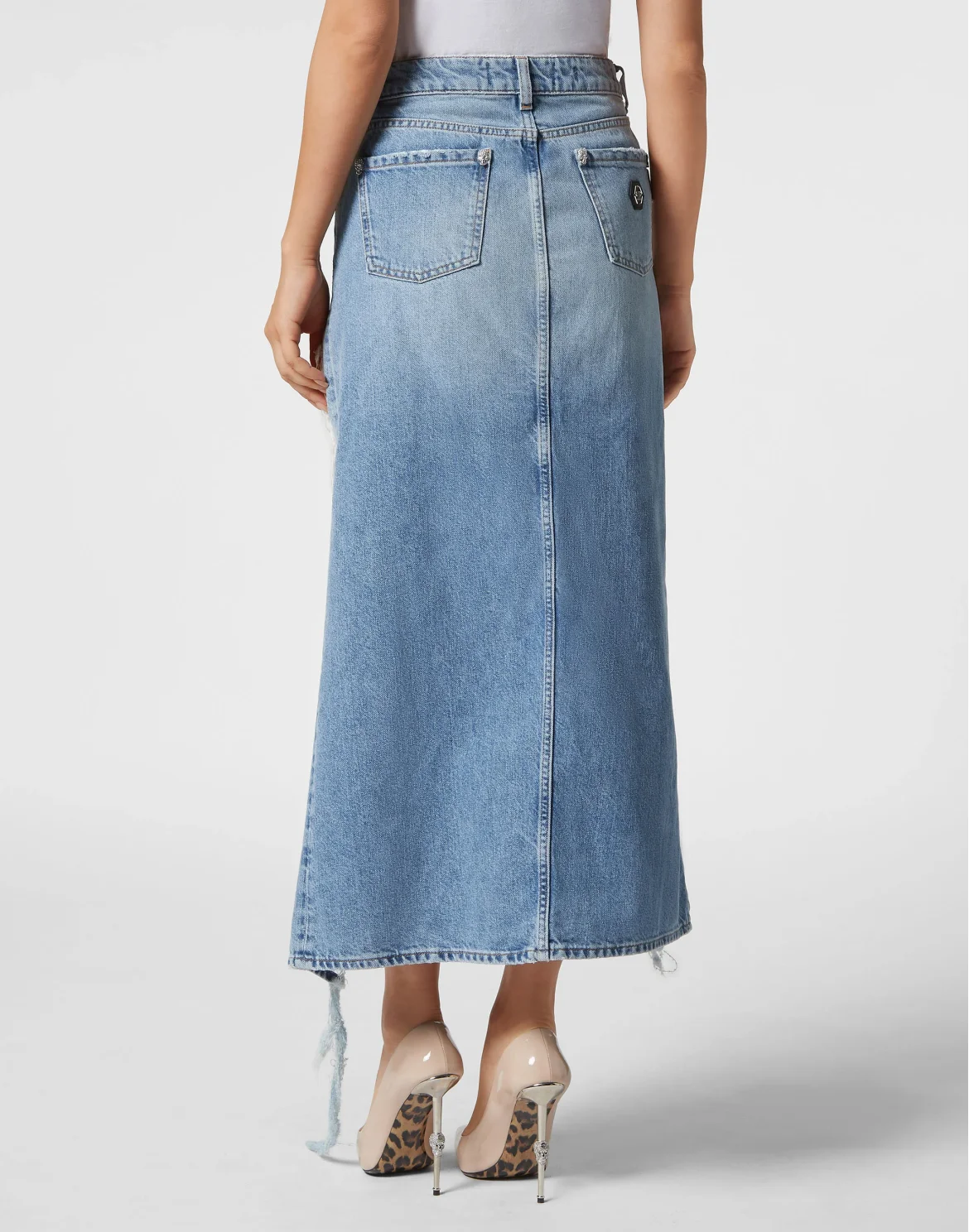 Destroyed Midi Denim Skirt Crystal Skull, цвет: Синий
