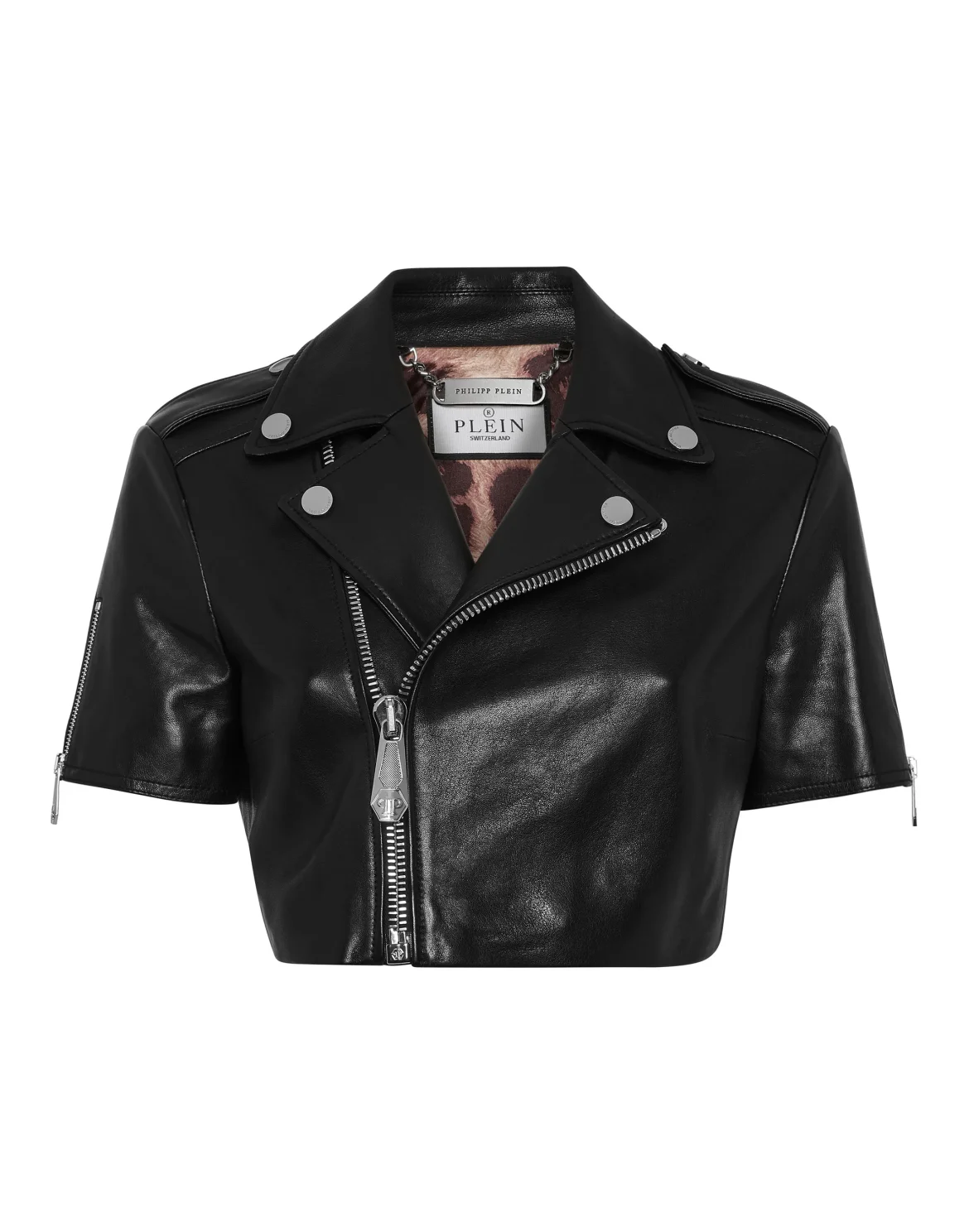 Leather Cropped Biker Short Sleeve Jacket, цвет: Черный