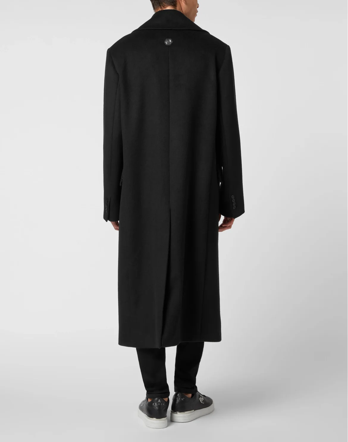 Herringbone Wool Double Breasted Long Coat, цвет: Черный