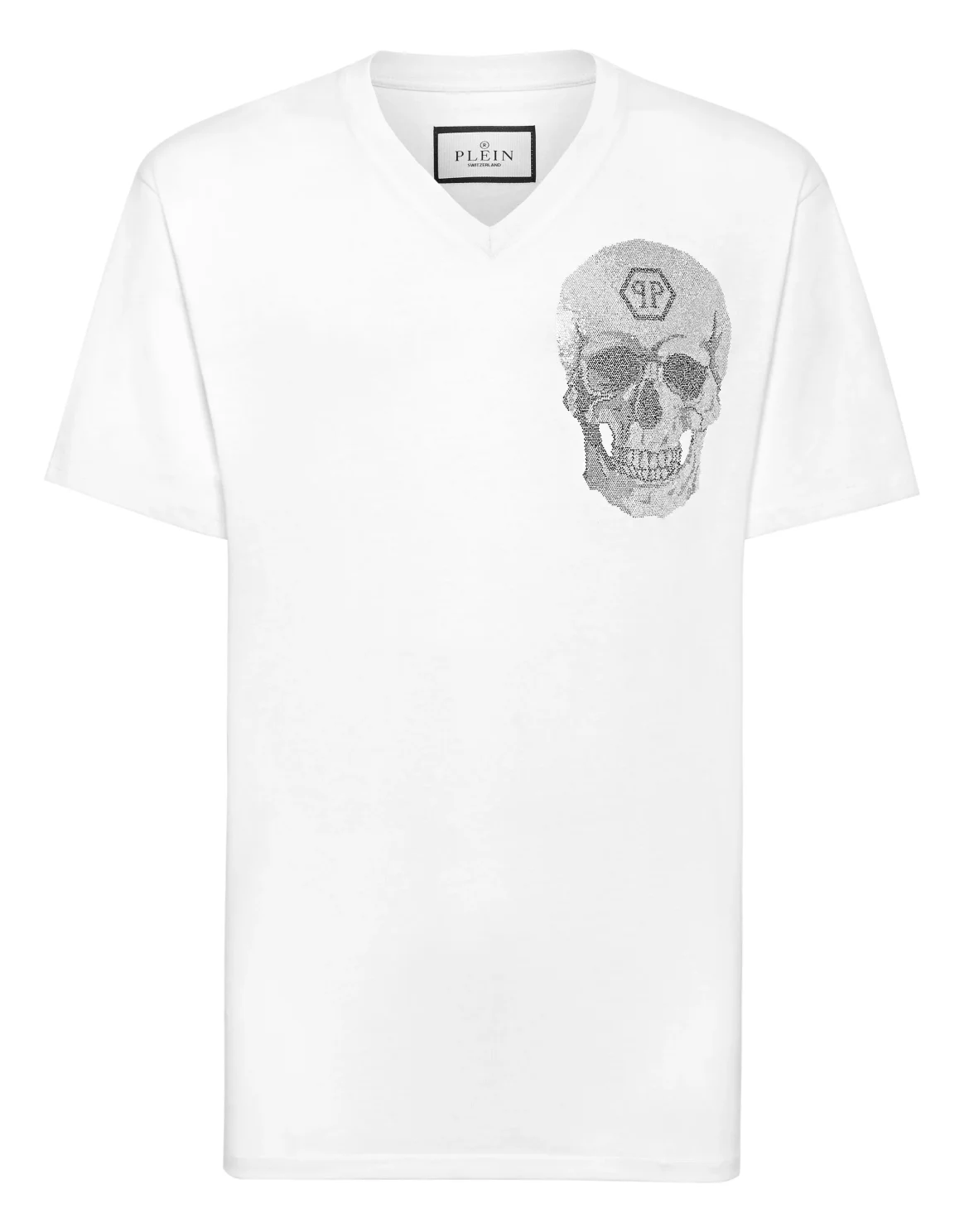 V Neck Heavy Cotton T-Shirt Crystal Skull, цвет: Белый