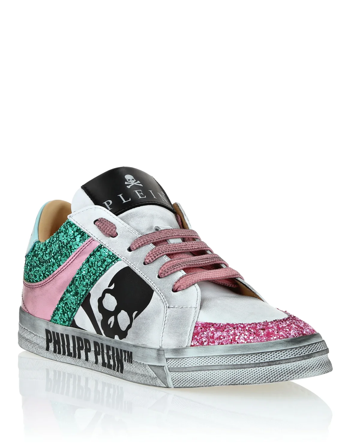Leather Lo-Top Sneakers Skull with Crystals, цвет: Бирюзовый