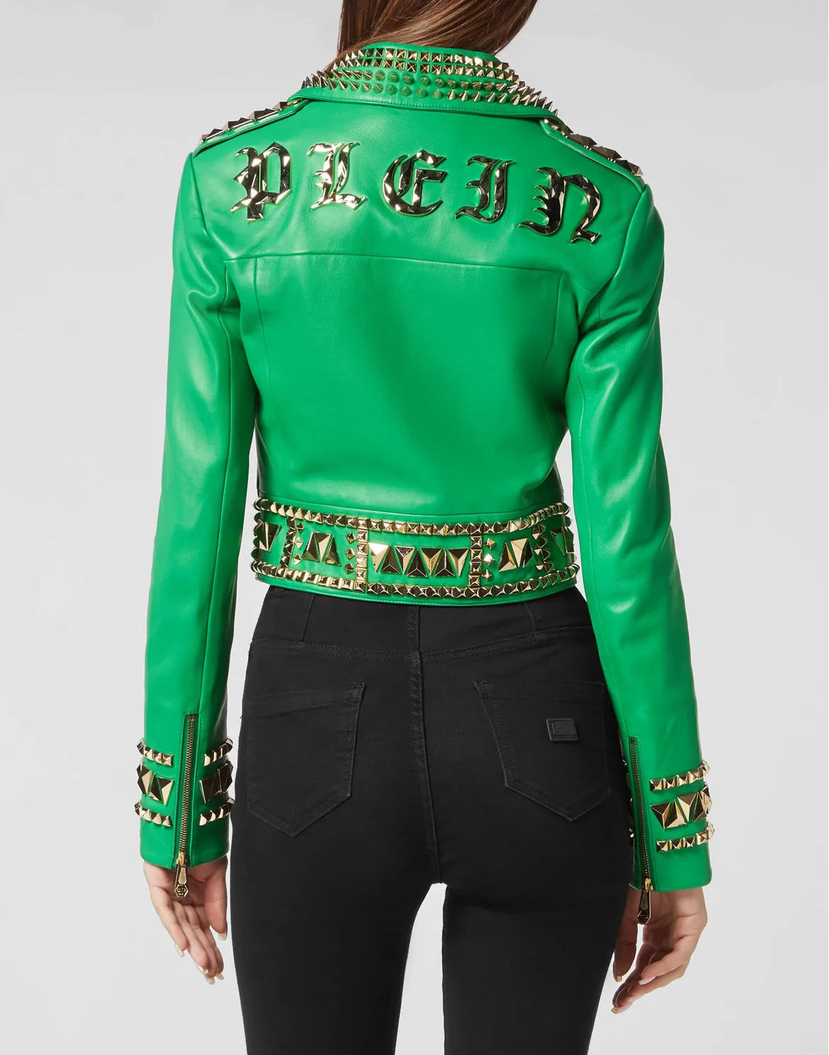 Cropped Leather Jacket Gothic Plein, цвет: Зеленый