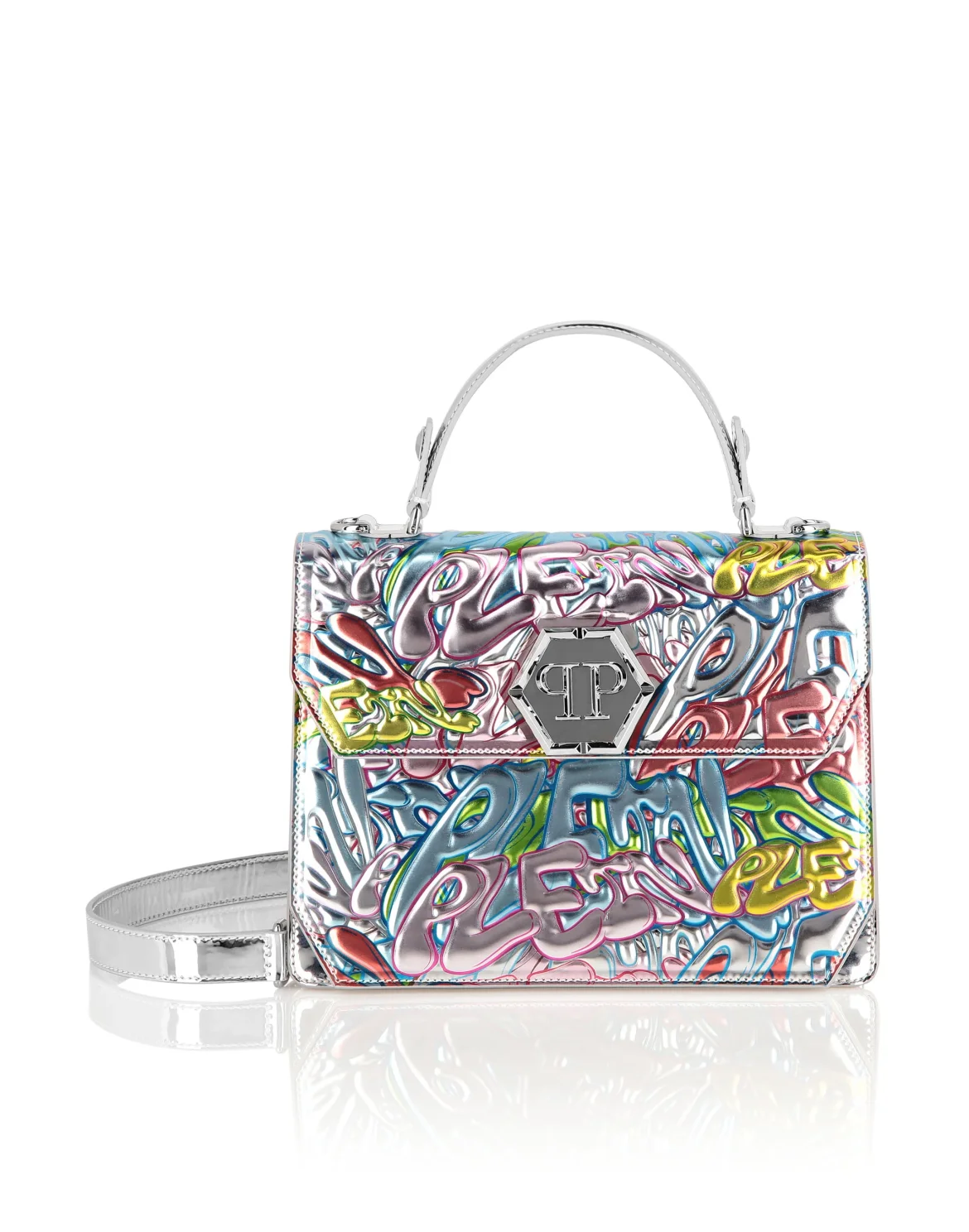 Superheroine Mirror Leather Handle Bag Bombing Graffiti, цвет: Серебристый