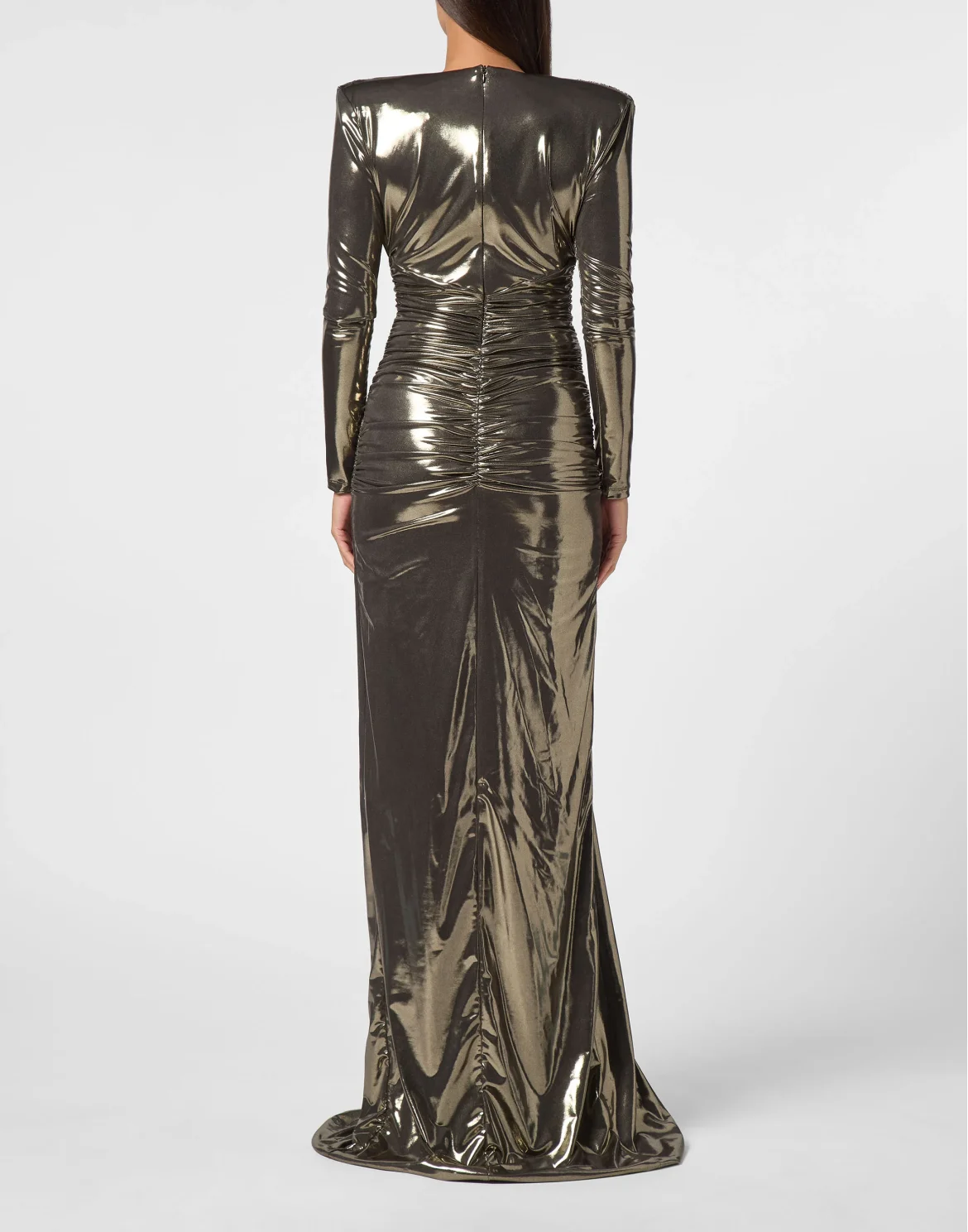 Lamé Jersey Padded Shoulder Lond Dress, цвет: Золотой
