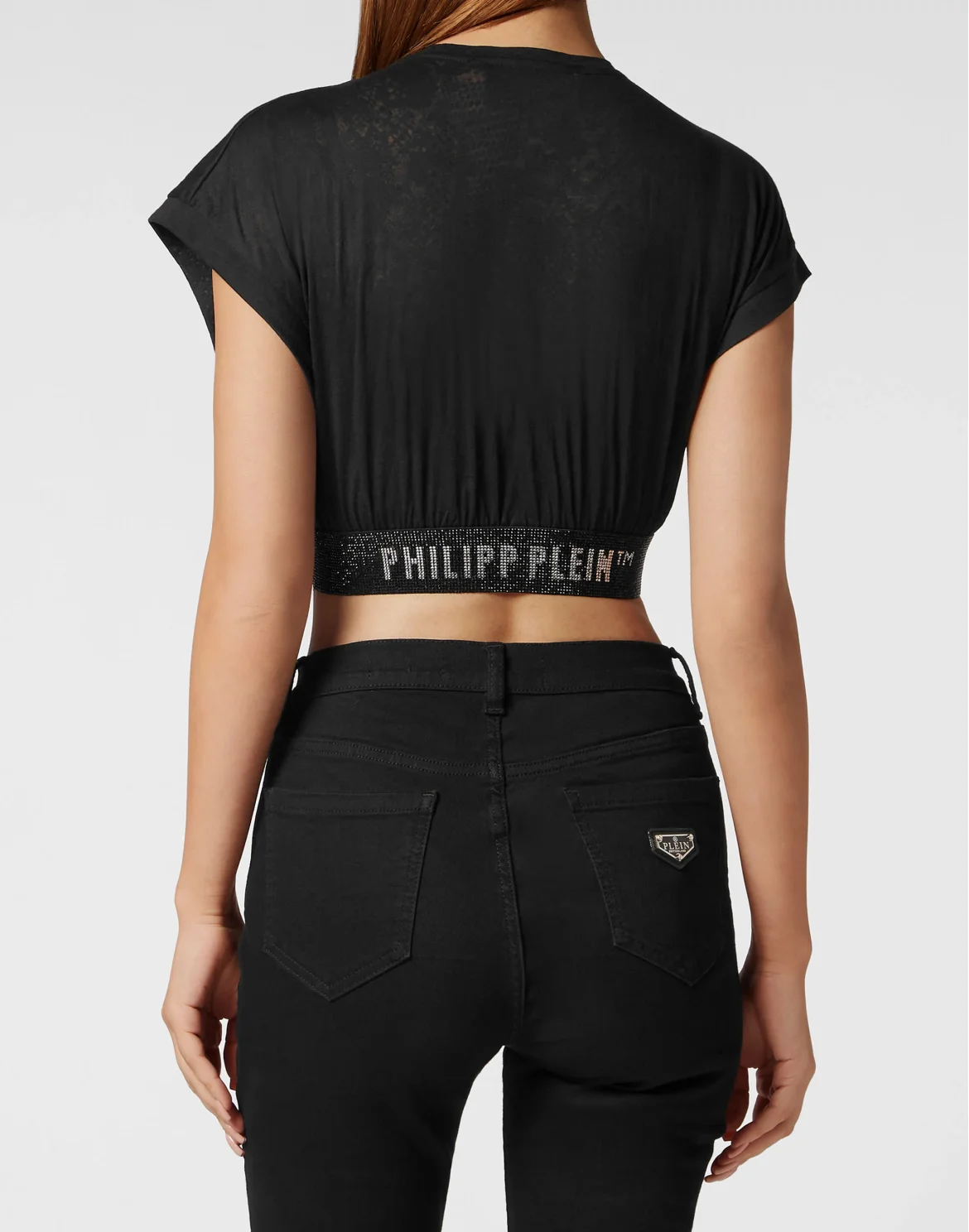 Cropped T-Shirt Gothic Plein Strass, цвет: Черный
