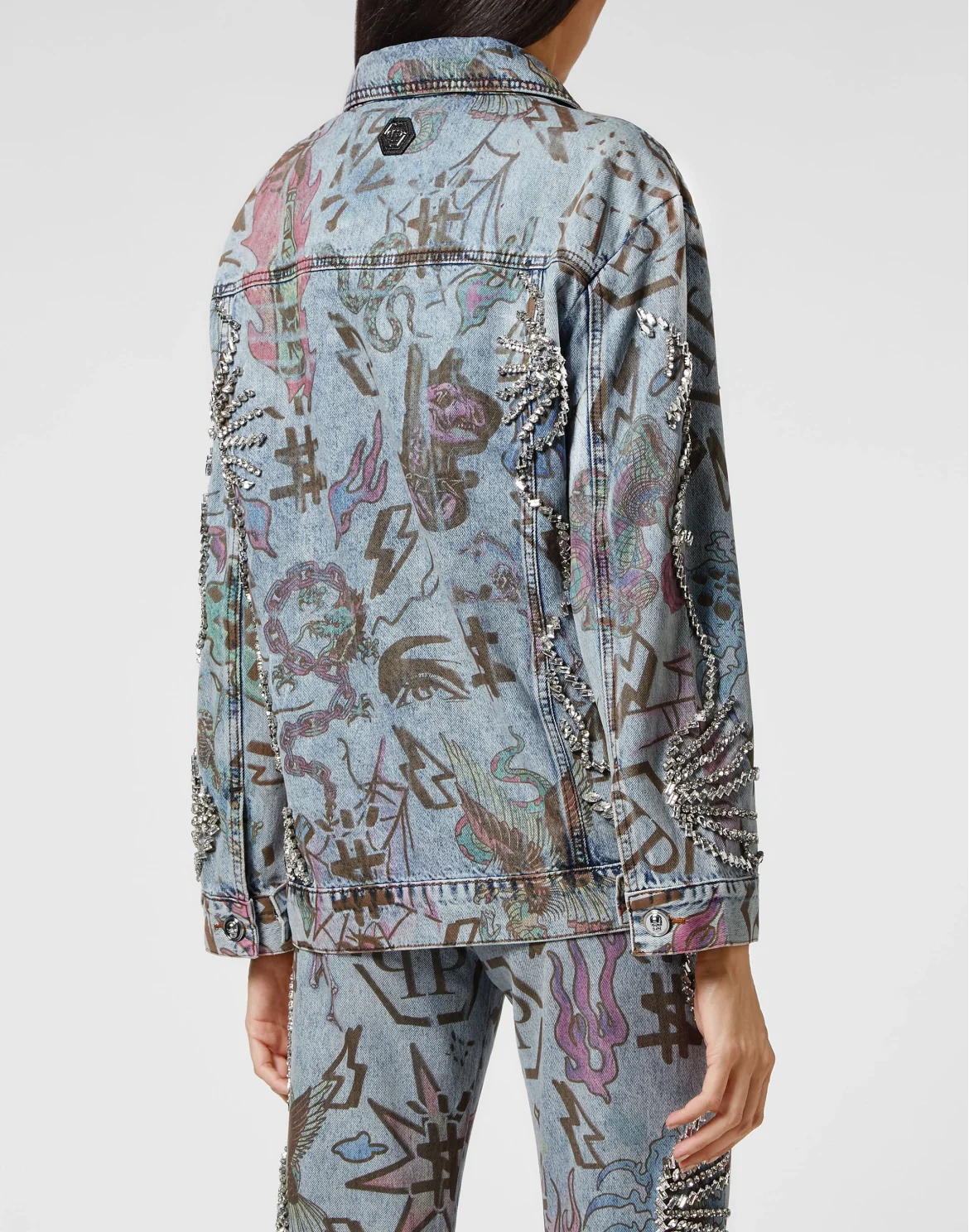 Denim Jacket Oversize Tattoo Monogram with Crystals, цвет: Синий