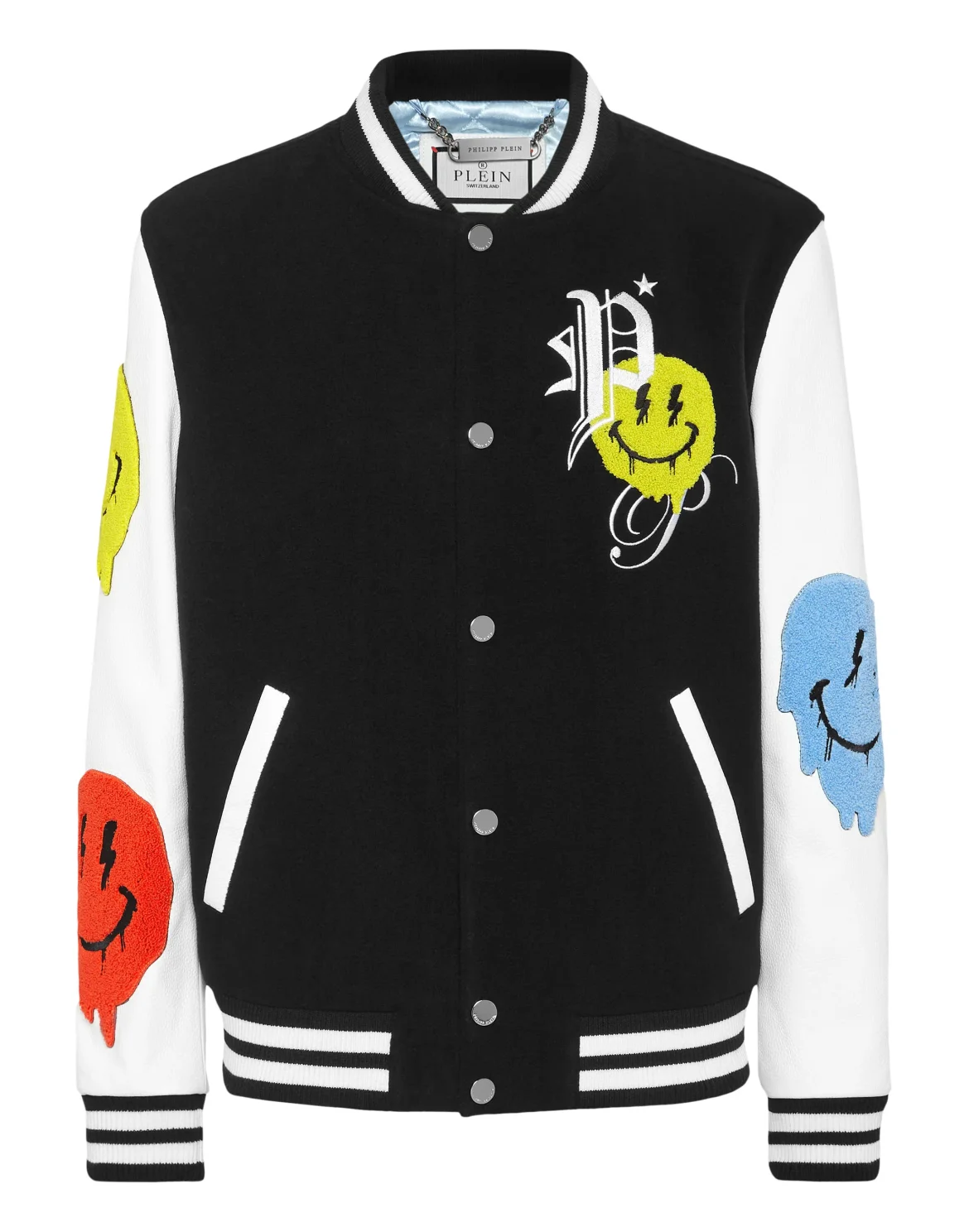 Woolen Cloth College Bomber with Leather Arms Smile, цвет: Черный