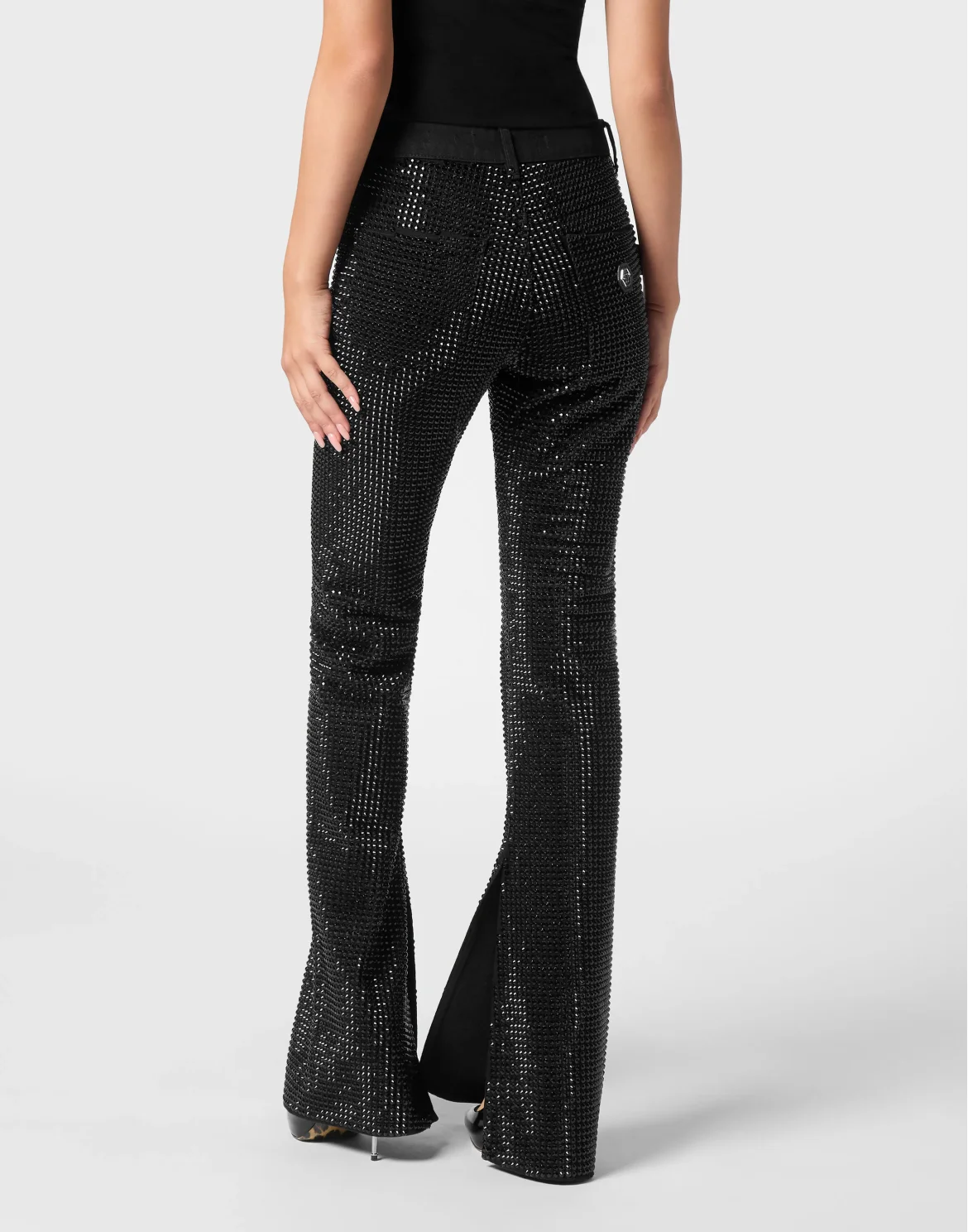 Denim Trousers Flare Fit Strass, цвет: Черный