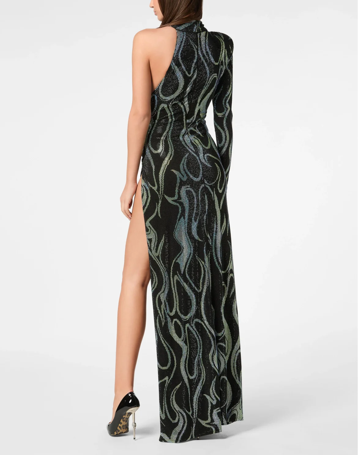 Jersey Strass Long Dress Mono Sleeve Flame, цвет: Черный