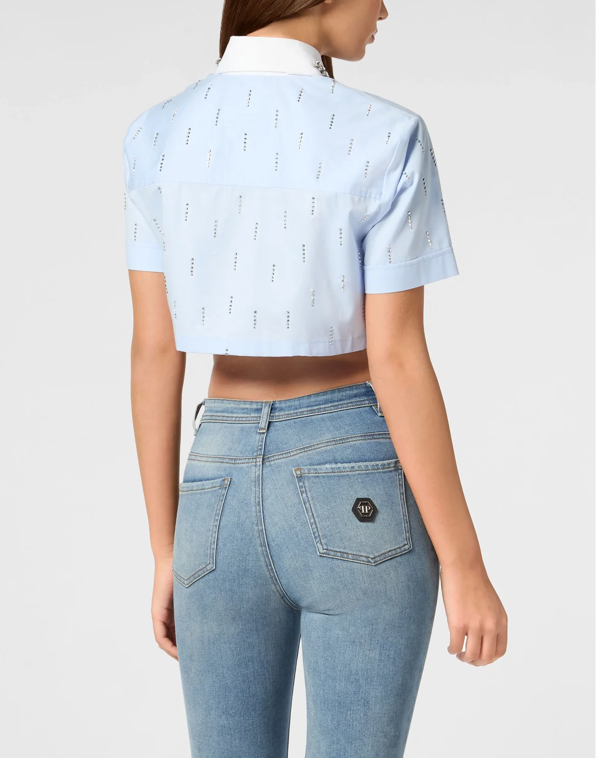 Poplin Cropped Shirt SS Strass, цвет: Голубой