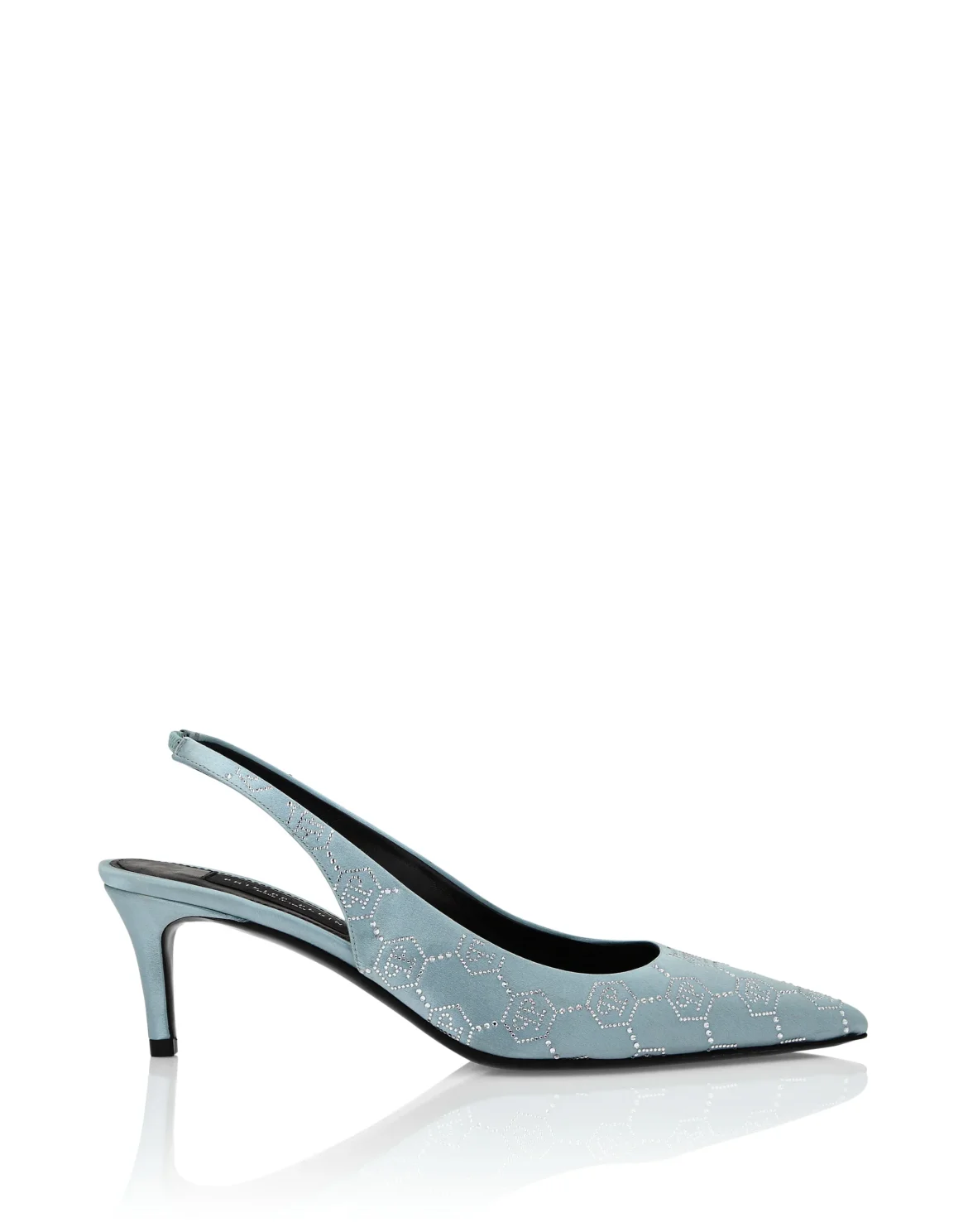 Satin Slingback Shoes Low Heels Monogram Strass, цвет: Голубой