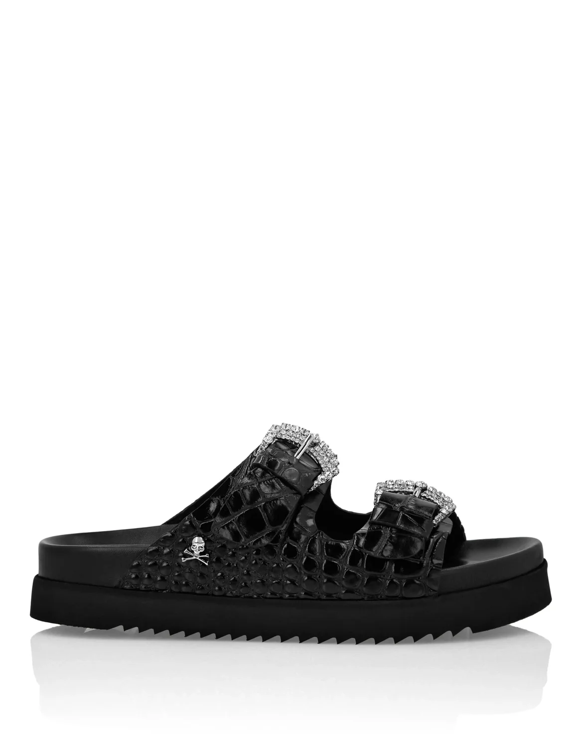 Croco Printed Leather Sandals Flat Crystal, цвет: Черный