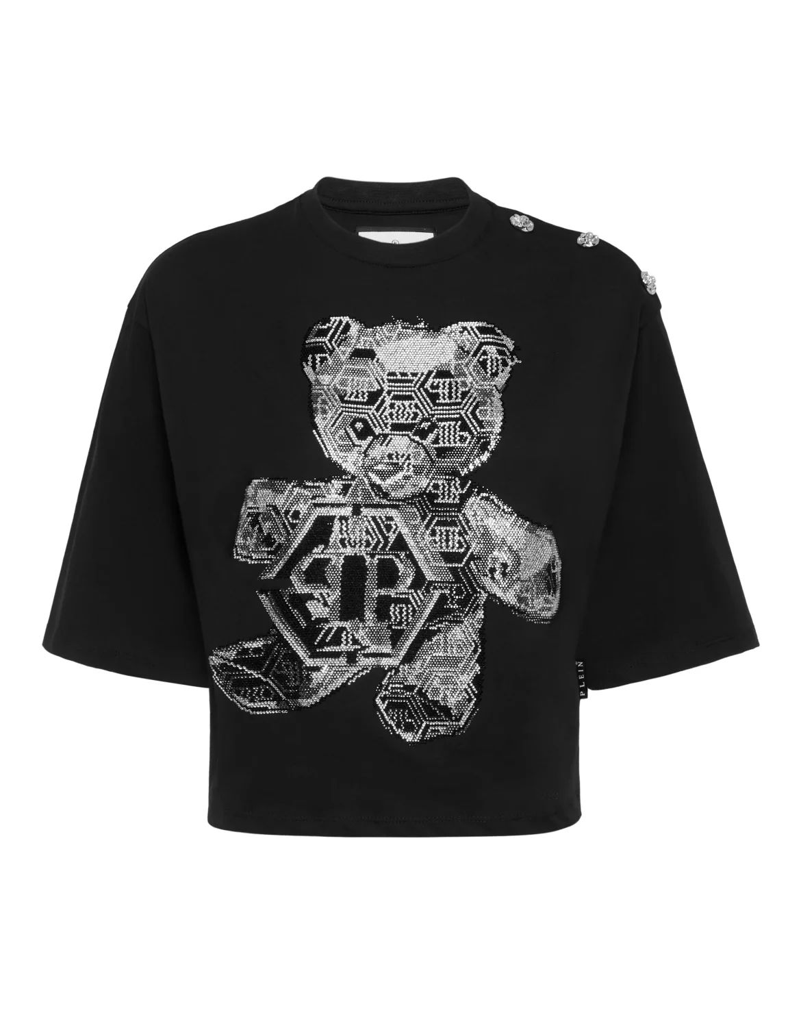 Cropped Round Neck T-Shirt 3D Teddy, цвет: Черный