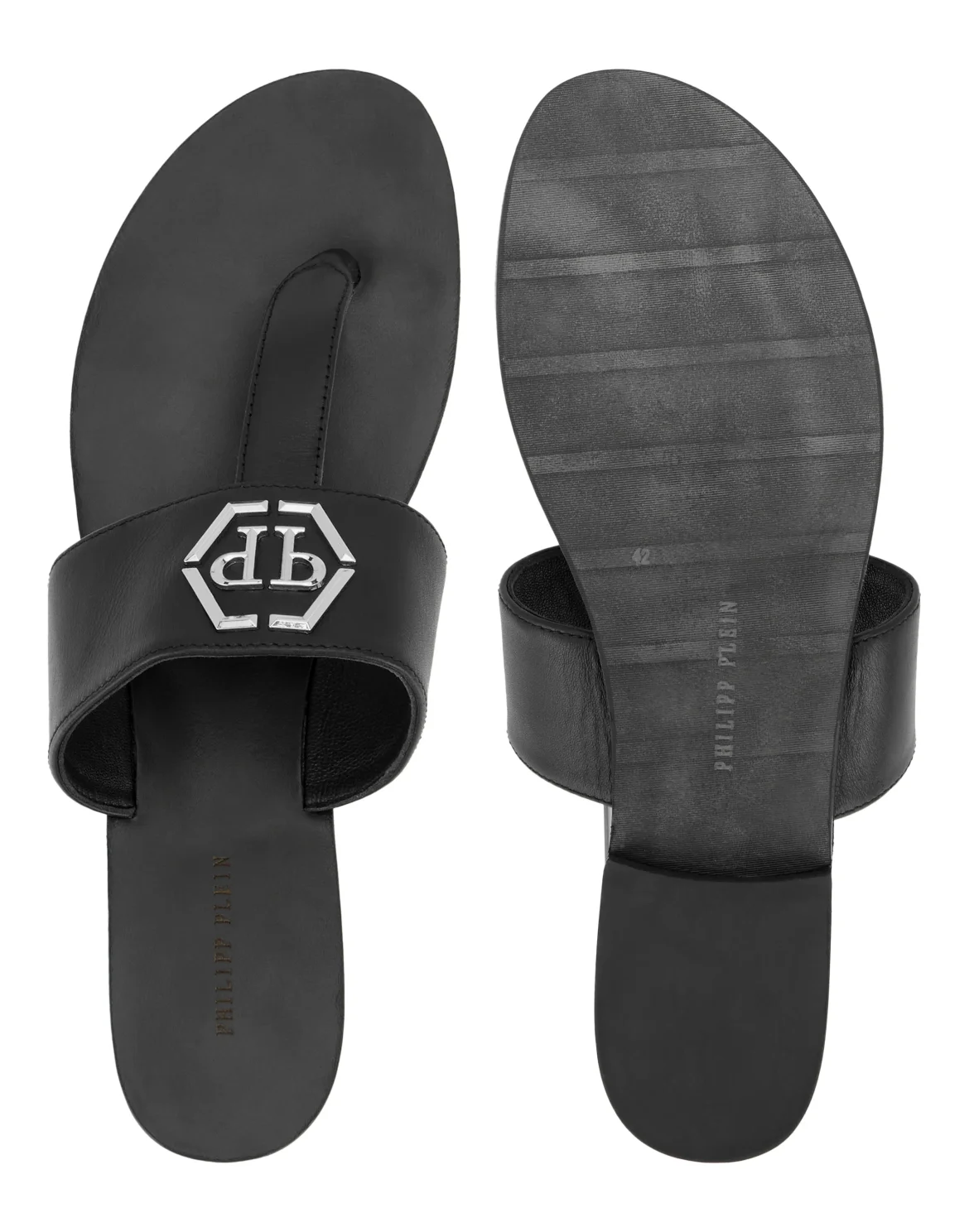 Leather Flat Sandals Hexagon, цвет: Черный