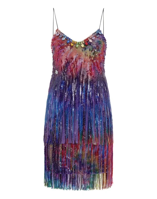 Short Dress Paillettes Fringe  Tie dye
