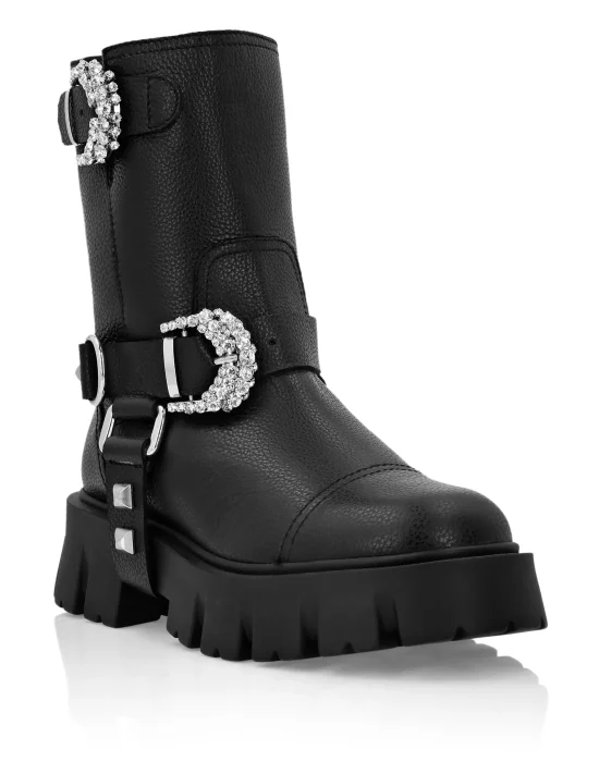 Leather Biker Boots Crystal Buckle