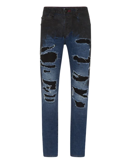 Denim Super Straight Cut Trousers Leather Pocket