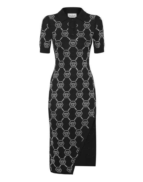 Knitted Strass Polo Dress With Padded Shoulders Monogram