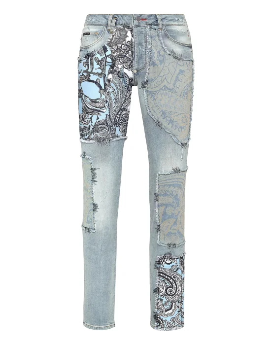 Denim Trousers Super Straight Cut Fit Paisley Patchwork