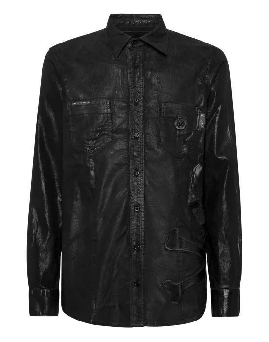 Denim Shirt WIth Vintage Washed Leather Patch Skull