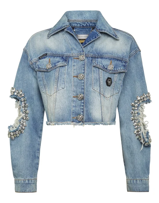 Denim Cropped Jacket with Stones