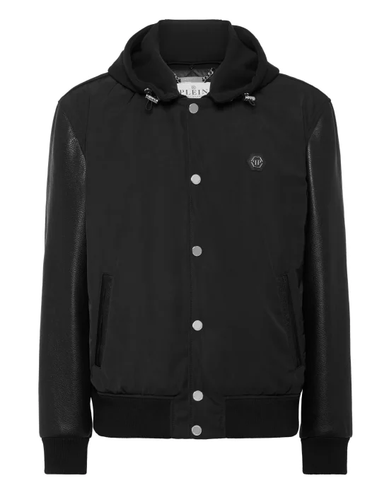 Nylon & Leather Varsity Bomber Hooded Jacket