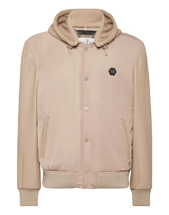 Nylon & Leather Varsity Bomber Hooded Jacket