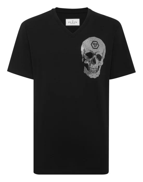V Neck Heavy Cotton T-Shirt Crystal Skull
