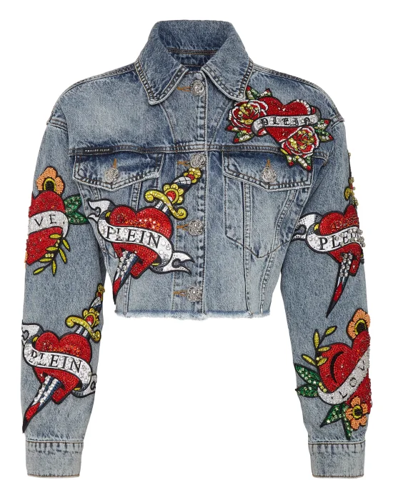 CROPPED DENIM JACKET LOVE CRYSTALS