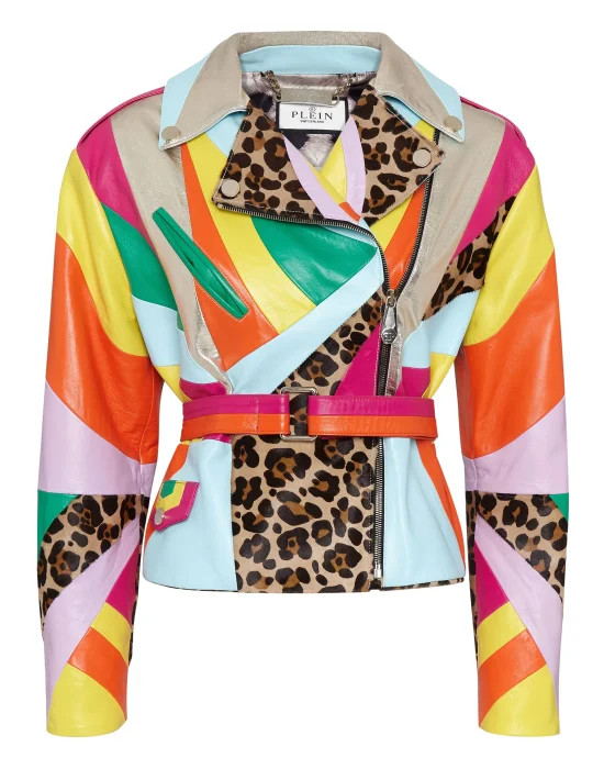 Oversize Biker Leather Jacket Rainbow Patchwork