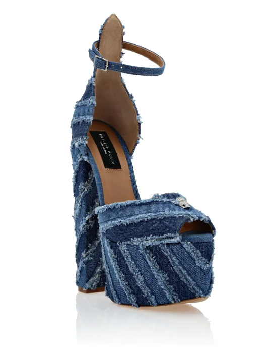 Mixed Denim Platform Sandals High Heels