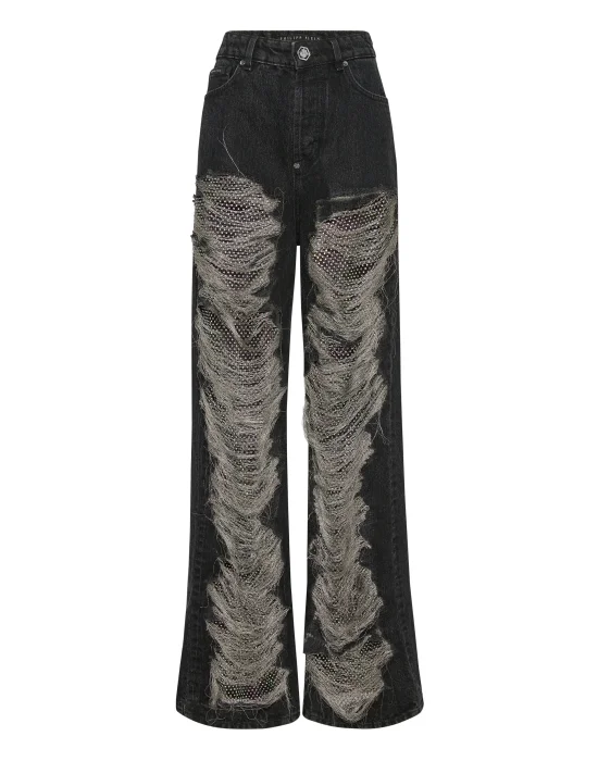 Mesh Strass Denim Trousers Skater Fit Ripped
