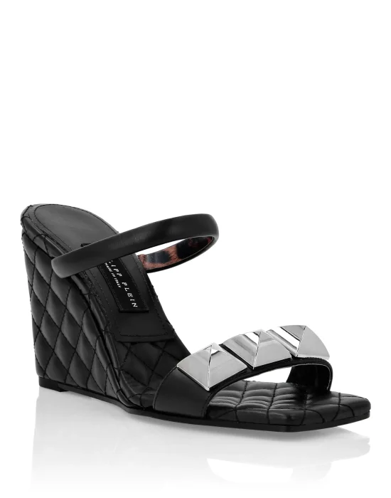 Leather Sandals Wedge Matelassé Studs