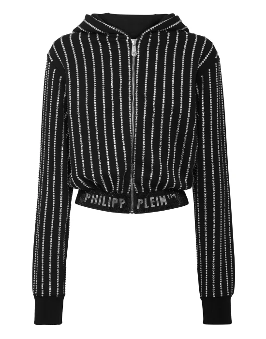Cropped Hoody Sweatjacket with Crystals Crystal Pinstripe