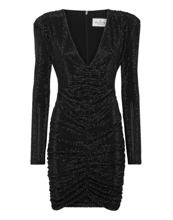 Padded Shoulder Mini Dress LS Fluo Strass