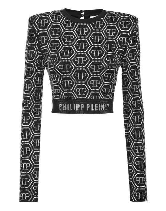 Padded Shoulder Cropped Top LS Monogram Strass