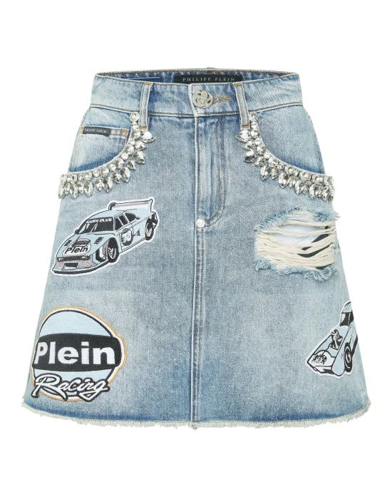 Denim Mini Skirt Stones Cars Racing