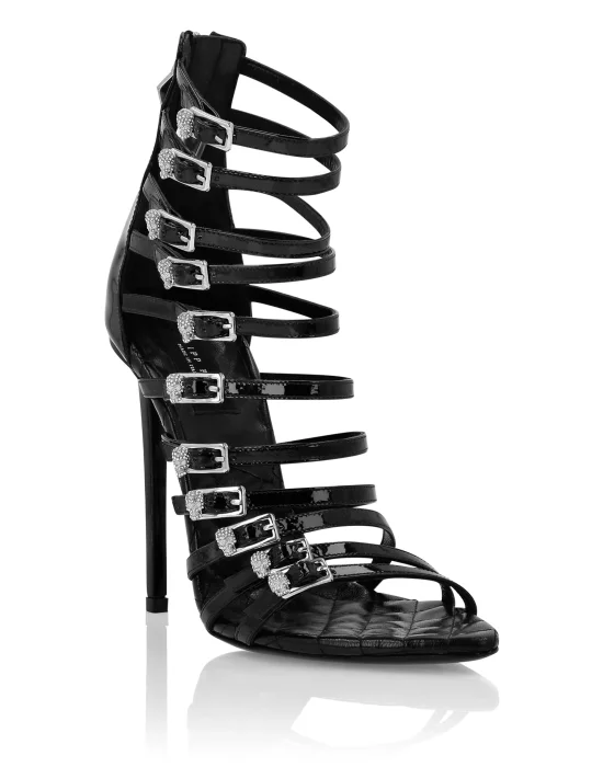 Patent Leather High Plein Heel Sandals Skull