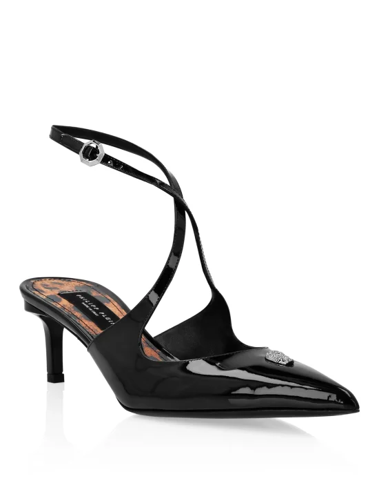Leather Sandals Low Heels Skull strass