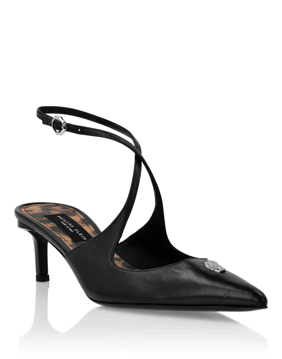 Leather Sandals Low Heels 5 Skull Strass