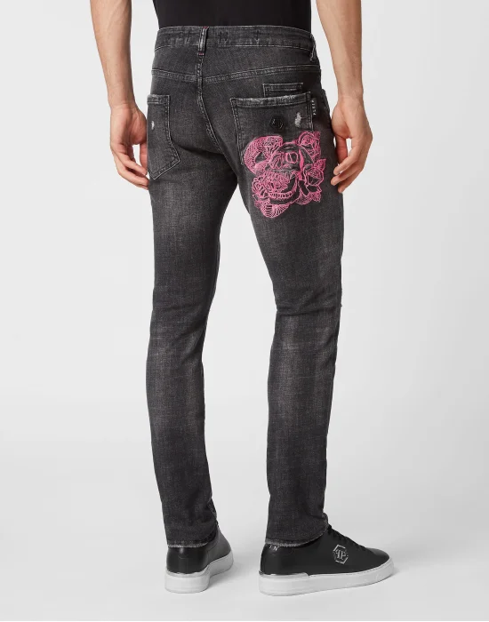 Embroidered Denim Trousers Super Straight Cut Skull