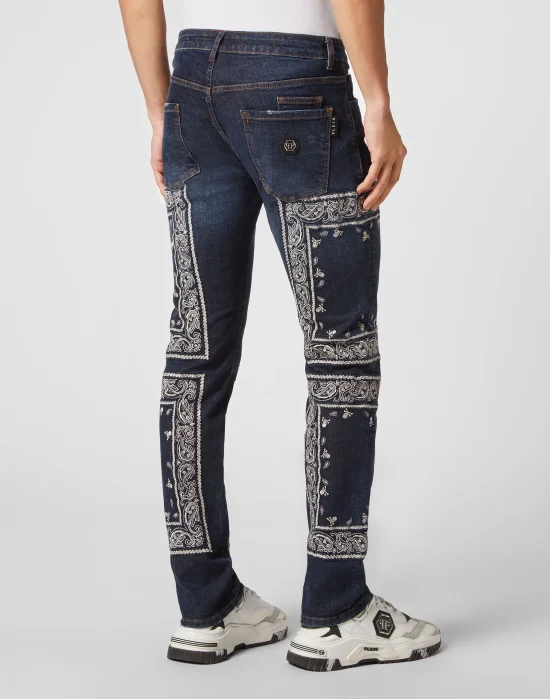 Embroidered Denim Trousers Super Straight Cut Paisley Bandana